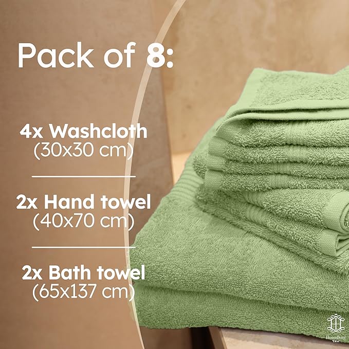 Luxe Set – Washcloths (30 x 30cm), Hand Towels (40 x 70cm) & Bath Towels (65 x 137 cm) – 100% Cotton, Soft, Absorbent, Easy Care, Versatile, (Sage Green)