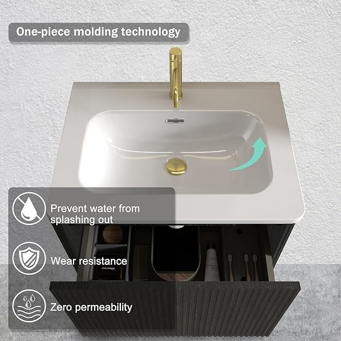 Wall Mounted Floating Bathroom Vanity with Sink Large Storage Modern Design One-Piece Sink Basin Minimalist Cabinet Built-in Overflow for Contemporary Bathrooms