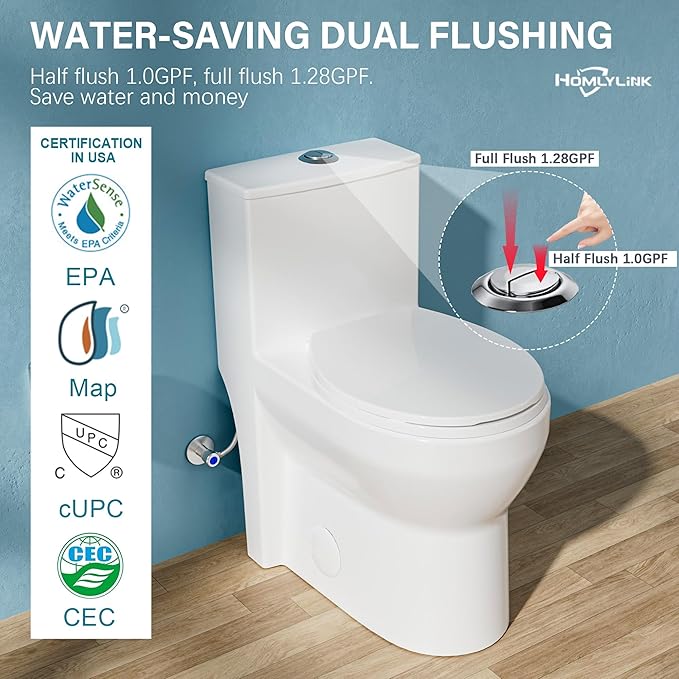 19 Inch Compact Modern Tall Toilet for Seniors,Tornado Flush One Piece ADA High Skirt Toilet for Small Bathroom Space, Dual Flush 1.0/1.28 GPF, Comfort Bowl Heigh 18 Inch,12" Rough-in, White