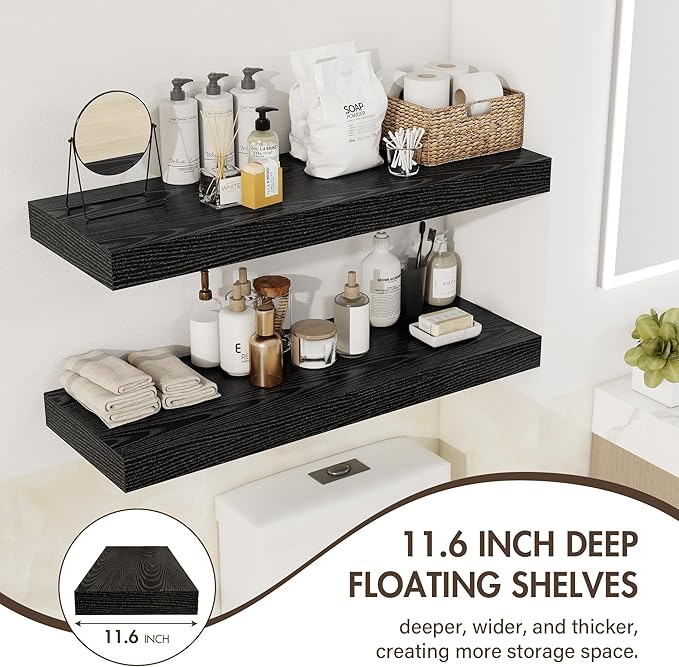 48 Inch Floating Shelves, 12" Deep Floating Shelf Wall Mounted, 48" Wall Shelves, Rustic Deep Bookshelf, Extra Deeper & Thicker Display Shelves for Bedroom, Living Room, Black, Set of 2