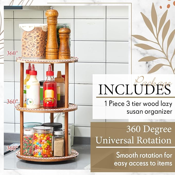 3-tier Lazy Susan Organizer 10 Inch, Rotating Spice Rack, Spinning Organizer, Industrial Turntable Spice Rack for Cabinet, Kitchen Countertop, Pantry