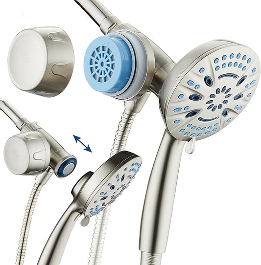 AquaCare Magneton 8-setting Magnetic Docking Hand Shower with Built-in Shower Filter - ON/OFF Filtration Modes, Instant Cartridge Reload, Stay-Clean KDF Cartridge, 6 ft. Steel Hose, Satin Nickel