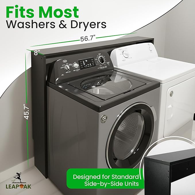 Over Washer and Dryer Shelf - Engineered Wood Laundry Room Organizer with Side Panels - Utility Topper for Storage, Folding Surface, Laundry Supplies, Detergent and Décor