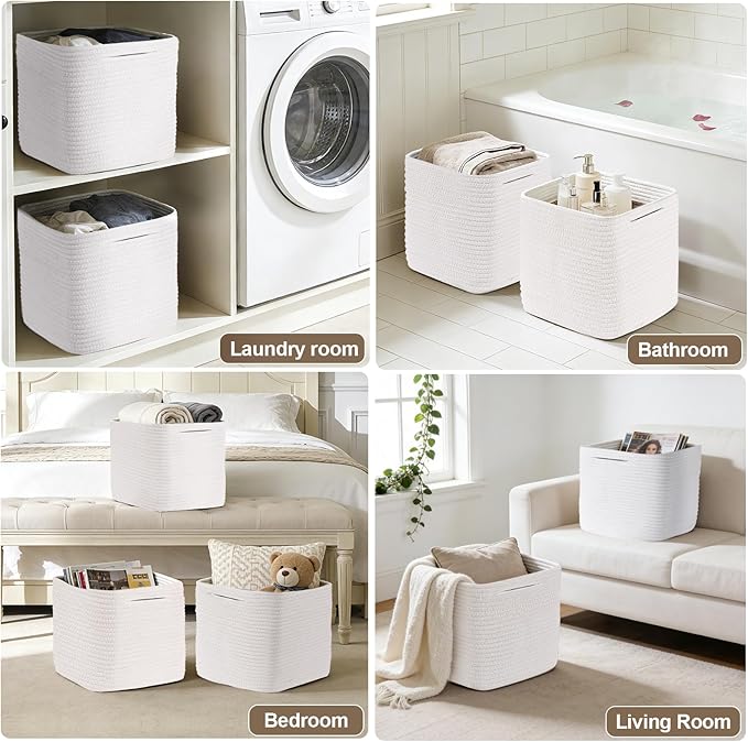 Storage Cubes 11 Inch Storage Baskets for Shelves, Set of 3 Cotton Rope Woven Baskets for Organizing, Cube Storage Square Bins for Toy, Playroom Decor, Classroom, Closet, White