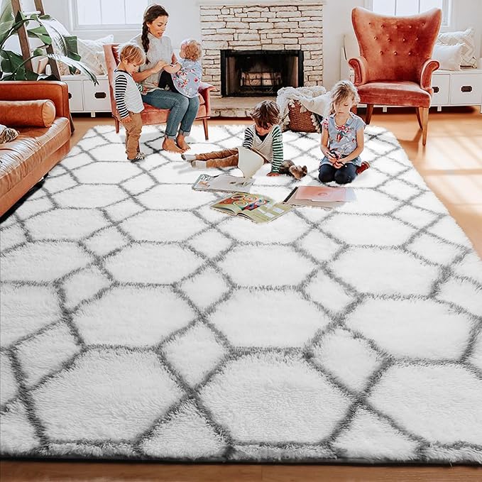 ONASAR Area Rugs for Living Room, 5x8 Fluffy White and Grey Rug for Bedroom, Geometric Moroccan Indoor Shaggy Boho Soft Plush Floor Carpet for Kids Teen Nursery Dorm Home Decor Aesthetic