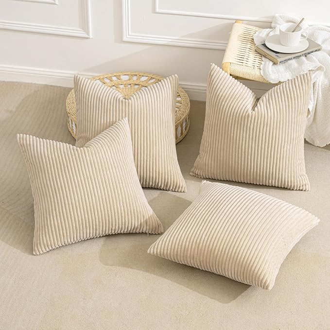 Boho Throw Pillow Covers 18x18 Set of 4 - Beige Corduroy Cushion Covers