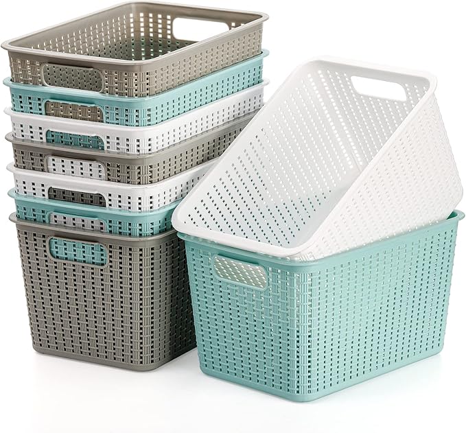 WUWEOT 9 Pack Plastic Storage Basket Bins Organizer, Cabinet and Shelf Basket with Handle,10" L x 6.8" W x 5.5" H, 3 Colors