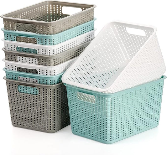 WUWEOT 9 Pack Plastic Storage Basket Bins Organizer, Cabinet and Shelf Basket with Handle,10" L x 6.8" W x 5.5" H, 3 Colors