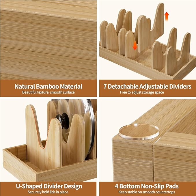 Housolution Bamboo Pot and Pan Organizer for Cabinet, Pot Lid Organizer with 7 Adjustable Dividers, Pan Holder Storage Rack for Cutting Board, Baking Tray and Cookie Sheet