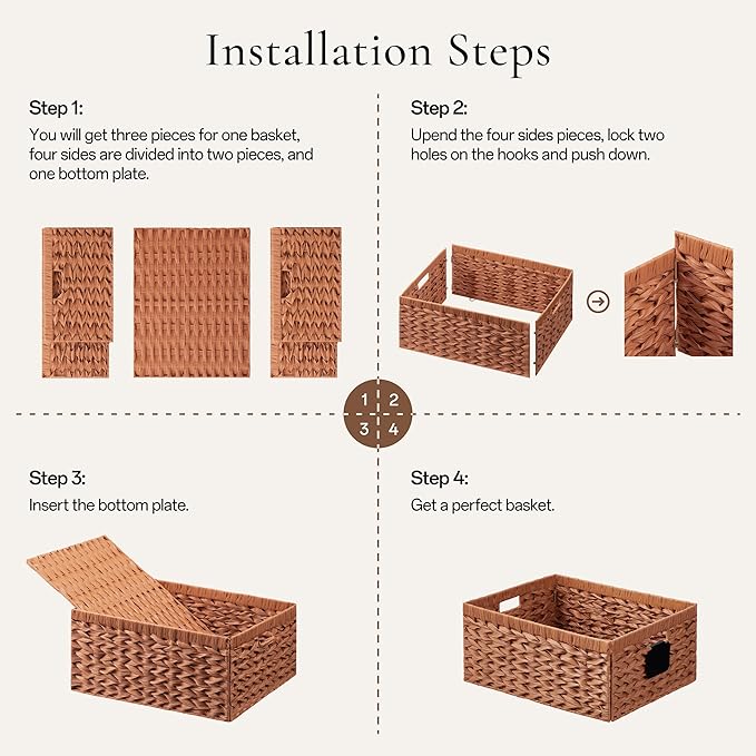 Storage Baskets with Label — Wicker Pantry Baskets for Shelves, Waterproof Woven Basket for Organizing, 2-Pack Plastic Rectangle Organizers with Handles, Light Brown (10L×8H×4W)