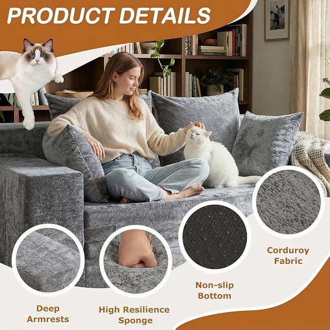 Convertible Sofa Bed, 5 in 1 Small Boneless Couch Pull Out Loveseat Sleeper Sofa,Corduroy Futon Couch Folding Mattress with 4 Pillows for Living Room Bedroom Lounge (No Assembly)