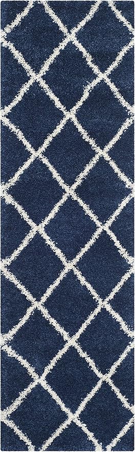 SAFAVIEH Hudson Shag Collection Runner Rug - 2'3" x 10', Navy & Ivory, Modern Trellis Design, Non-Shedding & Easy Care, 2-inch Thick Ideal for High Traffic Areas in Living Room, Bedroom (SGH281C)