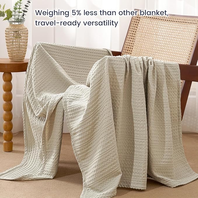 PHF Lightweight Waffle Weave Throw Blanket 50"x 60", Soft Woven Summer Blanket for Hot Sleepers - Aesthetic Home Decor for Couch Bed Sofa, Pet Friendly, Natural/Linen