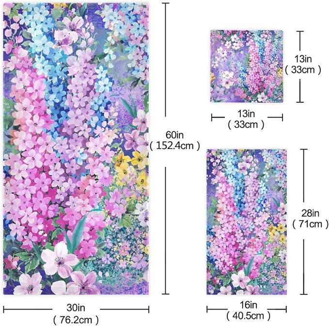 Purple Pink Blue Floral Towel Set, 3-Piece Soft Absorbent Set (1 Bath 1 Hand 1 Washcloth), Decorative Spring Garden Flower Towels for Bathtub, Shower, Hair, Face