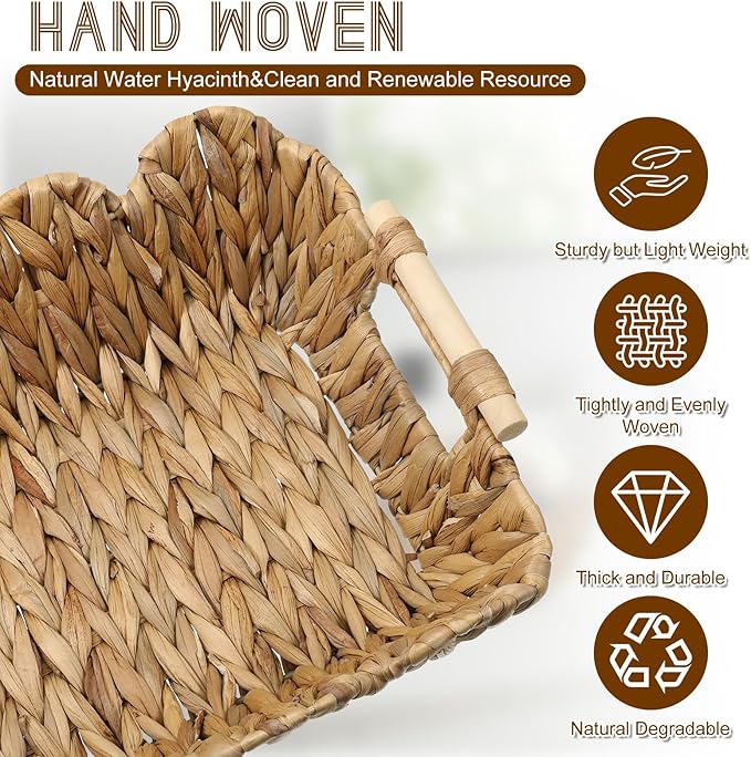 2 Pack Scalloped Wicker Basket, Hand-Woven Water Hyacinth Storage Baskets with Wooden Handle Paper Rope Toilet Paper Living Room Bedroom Decor Baskets for End Table Shelves Organizing Snack