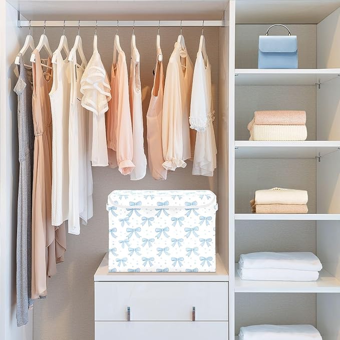 Blue Bows Fabric Storage Bin with Lid, Collapsible Basket with Handles, Shelf Cube Closet Organizer for Home and Bedroom