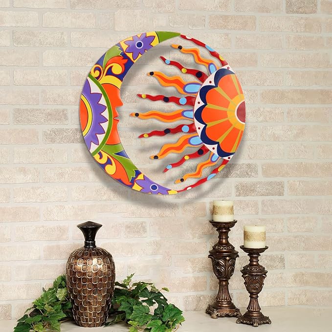 SUNNYPARK Metal Sun and Moon Wall Art Decor, 16" Colorful Handcrafted Mexican Talavera celestial Wall Sculptures Hanging for Indoor Outdoor Living Room, Garden, Patio