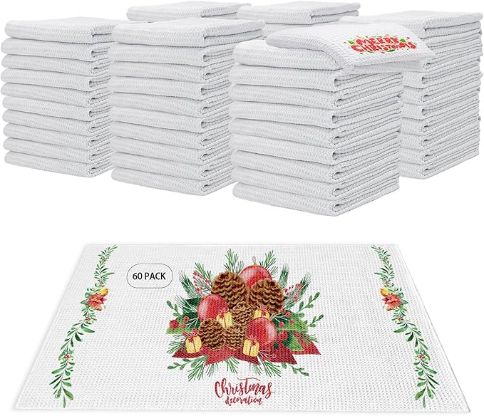 YOUKE OLA 60 Pack Sublimation White Towels Waffle Weave Kitchen Towels Blanks Microfiber Dish Drying Towel for Heat Transfer 16 x 24 Inch