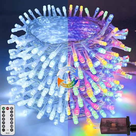 88FT 240LED Connectable String Lights Indoor Outdoor Clear Wire, Cold White⇋Multicolor Christmas String Lights, Plug in Twinkle Fairy Light With Timer For Wedding Patio Tree Yard Christmas Decorations