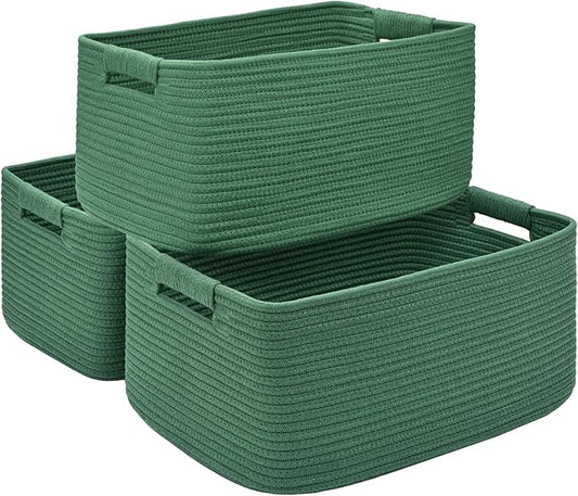 3 Pack Large Storage Basket for Organizing, 17.5"x13"x7" Woven Basket for Shelves, Closet Cube Storage Bins with Wrapped Handle, Cotton Rope Baskets for Kitchen, Clothes, Toys(Green)