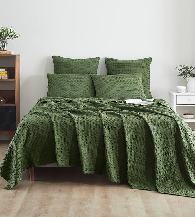 VHC Brands 100% Cotton Waffle Weave King Blanket 108"x90", Decorative Lightweight Spring and Summer Throw Blanket, Bedroom Decor for Bed, Couch, or Sofa, Olive Green