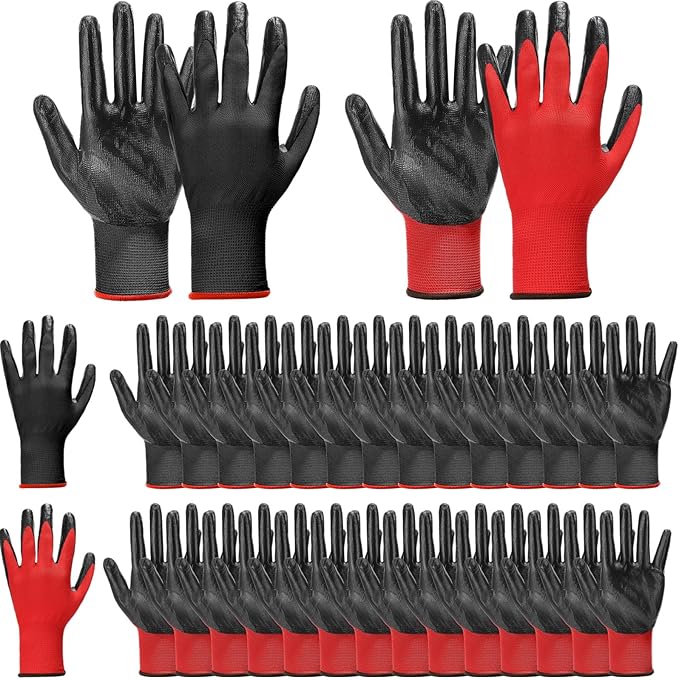 50 Pair Nitrile Coated Work Gloves for Men Bulk Red Safety Work Gloves for Women Garden Grip Touch Screen Warehouse Construction Utility Mechanic