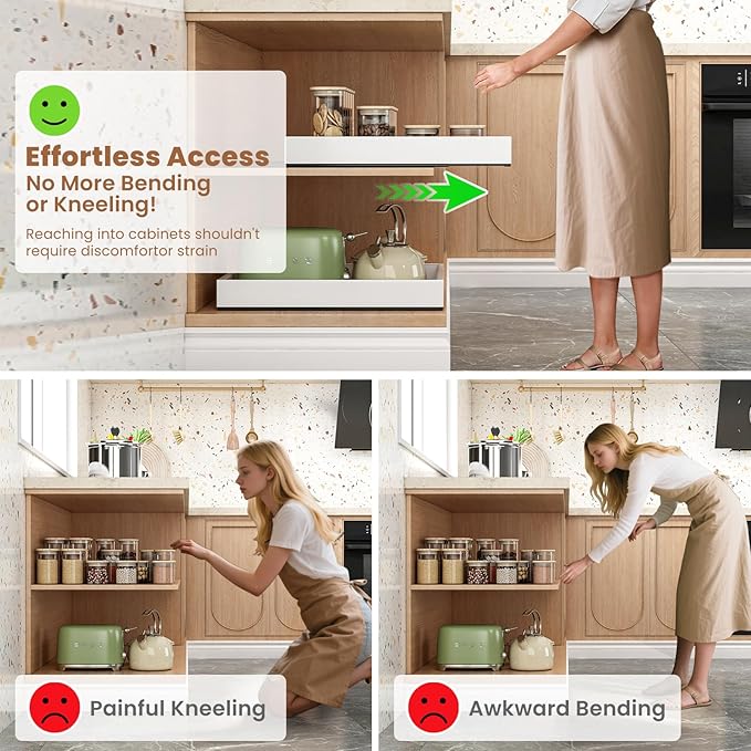 2 Pack Expandable Pull Out Cabinet Organizer, 21" Deep Expandable (12.6" - 20.5") 3 Heavy Duty Slide Drawers Pull Out Drawers for Kitchen Storage Cabinet (White)