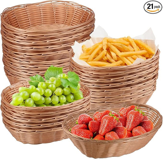 Oval Poly Wicker Baskets - Bulk, 21 Pack, Bread Baskets for Serving, Small Wicker Baskets, Durable Oval Fast Food Baskets - Food Serving Baskets for Home & Restaurant Use