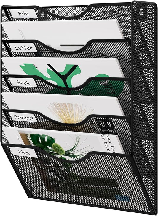 EasyPAG Wall File Organizer 5 Tier Hanging Paper Folder Holder, Zero Assembly Metal Mesh Wall Mounted Mail Organizer for Office Home Classroom Narrow Spaces, Black