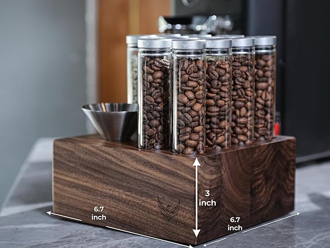 Coffee Station Set – 12 Single Dose Glass Tubes with Exhaust Valve, Walnut Dosing Cup & Spray Bottle, Digital Espresso Scale with Auto Tare & Flow