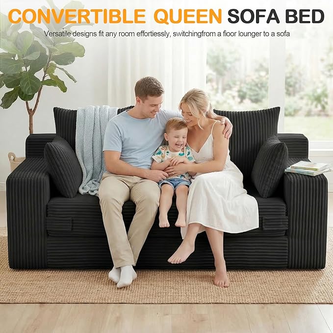 Oversize Boneless Loveseat Convertible Sofa Bed, Folding Floor Futon Sleeper Sofa Queen Size Couch Bed- Boneless Foldable Couch, Corduroy Pull Out Sofa Bed with 5 Pillows for Living Room & Bedroom