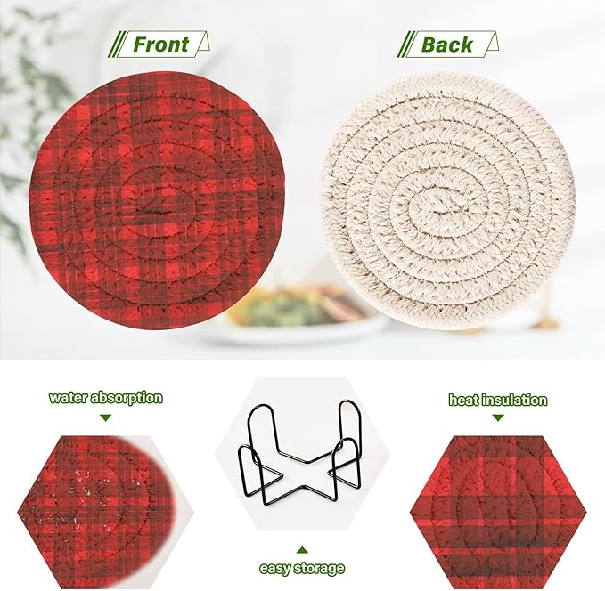 Handmade Cotton Absorbent Coaster Set of 6, Stripe Plaid Drink Coasters, Minimalist Home Decor for Coffee Table, Kitchen, Housewarming and Wedding Registry Ideas