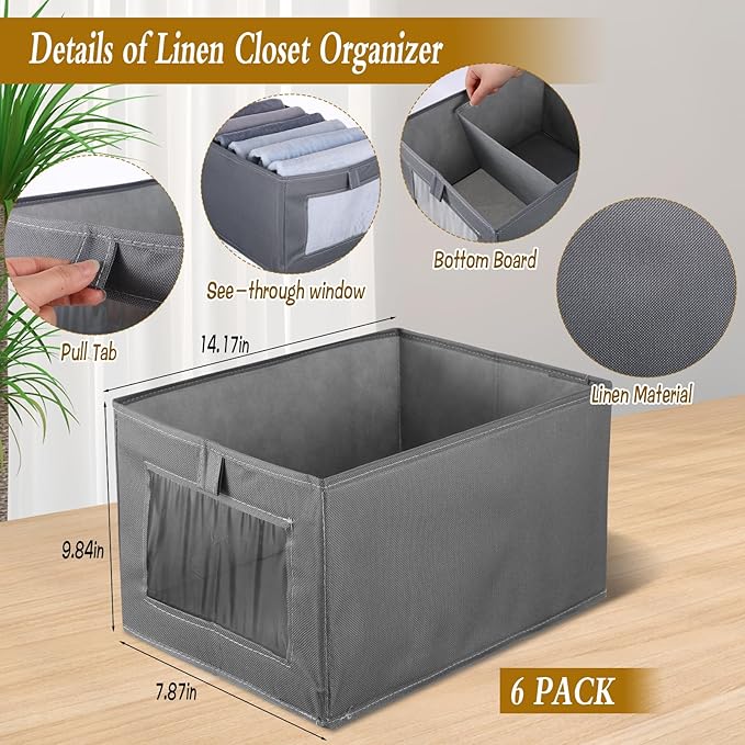 6 Pieces Oxford Cloth Storage Bins with Clear Window, Shelf Basket Closet Clothes Organizer Storage Containers for Organizing Shelves Wardrobe Office Clothing Books