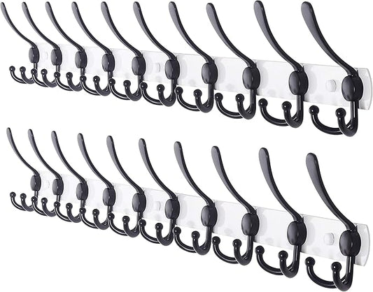 Dseap Coat Rack Wall Mount - 38” Long 10-Tri-Hooks Heavy Duty Coat Hanger Rail Wall Hooks for Hanging Coats Hats Clothing Clothes Purse Mudroom Entryway, White/Black, Pack of 2