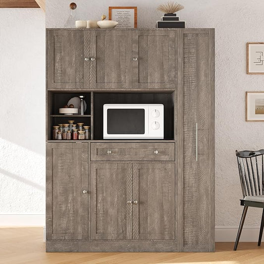 Large Kitchen Pantry Cabinet 52.8Wx17.7Dx70H inch, Freestanding Buffet with Hutch,Storage Cabinets Cupboard w/Pull-Out Side-Cabinet+ Door Shelves and Drawer, Brown
