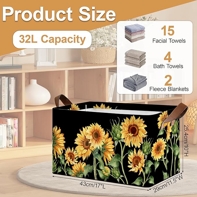 Storage Bin with Handles, Sunflowers Collapsible Laundry Baskets for Books, Laundry - Use in Nursery, Closet Organizers and Storage, Blanket Basket