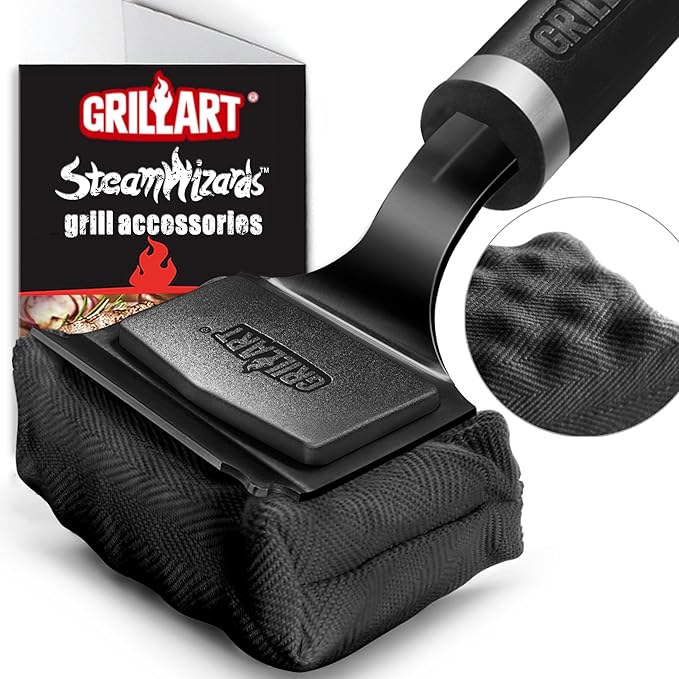 Grill Brush Bristle Free - Safe 17" Long Handle with Built-In Solid Scraper - Steam Clean Stubborn Grease Replaceable Head - Reinforced BBQ Accessories for All Grate Types - Gifts for Men Dad