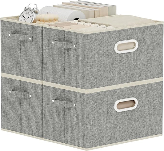 Fabric Open Storage Bins with Metal Handles, Collapsible Organizer Baskets, Foldable Cube Boxes for Shelves, Closet, Living Room, 13x9.1x7.9in, Grey, 4 Pack