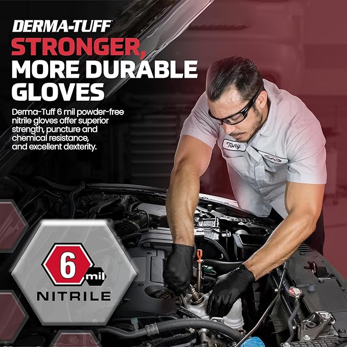 SAS Safety SAS - 66583-120 PACK Derma-Tuff Powder Free Nitrile Disposable Gloves, 6 Mil, 2XL 120 Ct, Latex Free, Black