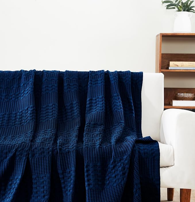 VHC Brands 100% Cotton Waffle Weave Twin Blanket 66"x90", Decorative Lightweight Spring and Summer Throw Blanket, Bedroom Decor for Bed, Couch, or Sofa, Navy