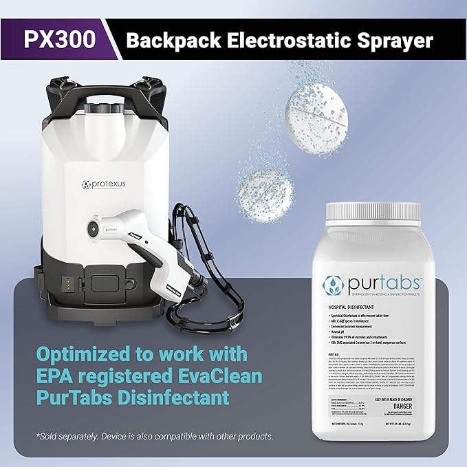 Protexus PX300 Backpack Electrostatic Sprayer Cordless Coverage, 4hr Rechargeable 16.8V Battery - 4 Ft Hose, 2.25 Gallon Tank, 60-Micron Nozzle