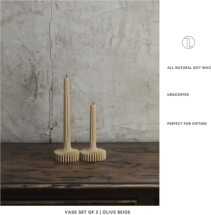 LAWA Set of 2 Vase Candle - Beautiful Handmade Pillar Unscented Soy Wax Elegant Aesthetic Candle Housewarming Gift Home Room Shelf Decor Idea Olive Beige