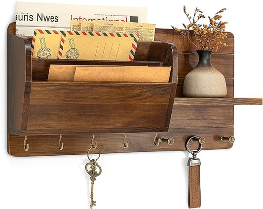 Rebee Vision Pine Wood Key Holder Wall Mount for Home Decor - Stylish Mail Holder Wall Mounted with Shelf & Hooks for Entryway - File Organizer with 3-Tire Mail Sorter for Lettter, Paper (Light Brown)
