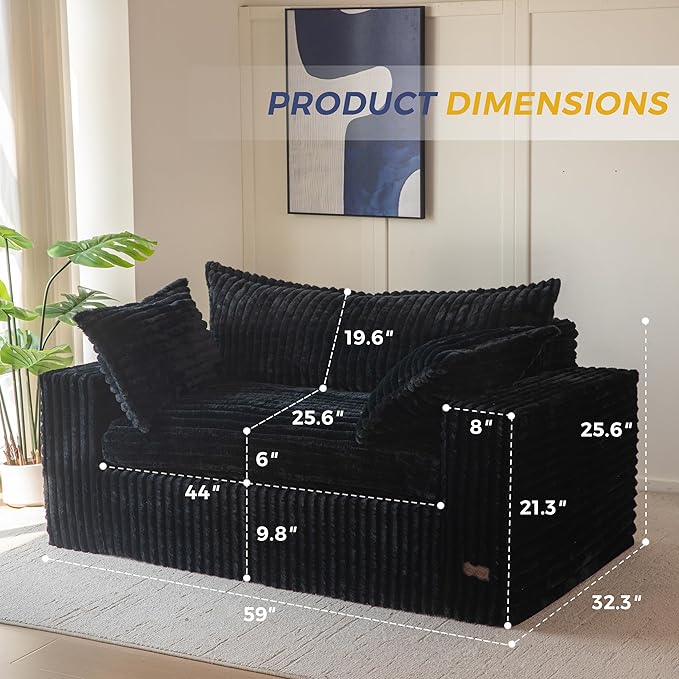 MAXYOYO 59" Bean Bag Sofa Couch, Loveseat Boneless Couch in a Box, Upholstered Small Mini Sofa with Deep Seating for Living Room Bedroom Office Apartment, No Assembly, Black