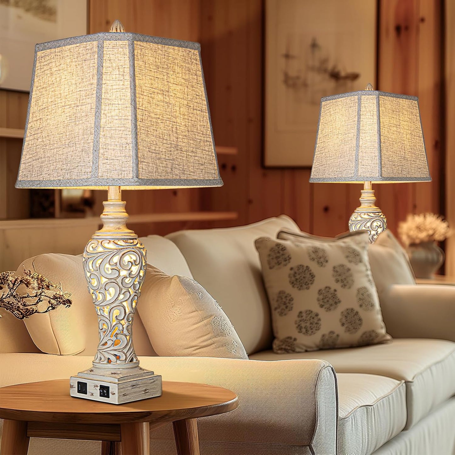 Linen Fabric Table Lamps Set of 2 – USB Port, Night Light, 28.5" Bedside Lamp