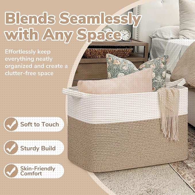 Goodpick Large Woven Blanket Basket 105L, 25"x16"x16" Cotton Rope Organizer for Toys, Dirty Clothes, Extra Large Rectangle Storage Basket for Living Room, Bedroom, White & Brown
