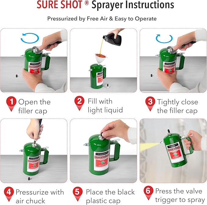 SURE SHOT A1000G 1-Quart Non Aerosol Sprayer - Refillable Pressurized Sprayer Can for Oil, Solvent, Degreasers, Lubricants - Rechargeable Steel Canister with Brass Nozzles - Made in The USA - 32oz.