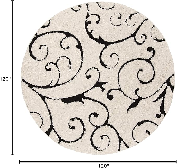 SAFAVIEH Florida Shag Collection Area Rug - 10' Round, Ivory & Black, Scroll Design, Non-Shedding & Easy to Clean, High-Low Plush Pile, Ideal for Living Room, Bedroom, Dining Space (SG455-1290)