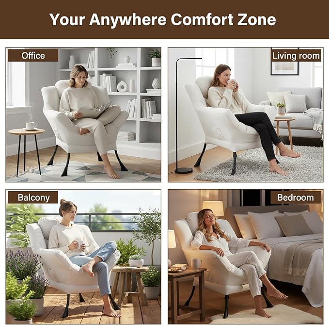 Welnow Lazy Chair for Living Room, Modern Reading Lounge Accent Chair with Armrests and a Side Pocket, Leisure Upholstered Lazy Sofa for Small Space, Bedroom, Dorm, Beige