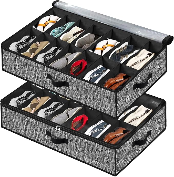 Under Bed Shoe Storage Organizer for Closet 2 Pack- Fits 32 Pairs Underbed Shoes Container Boxes Black